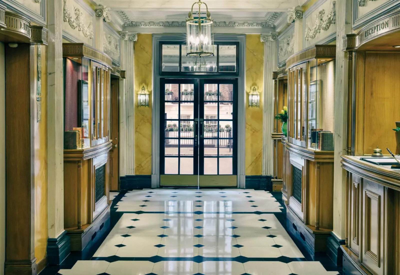 Chequered marble floor in the entrance hall