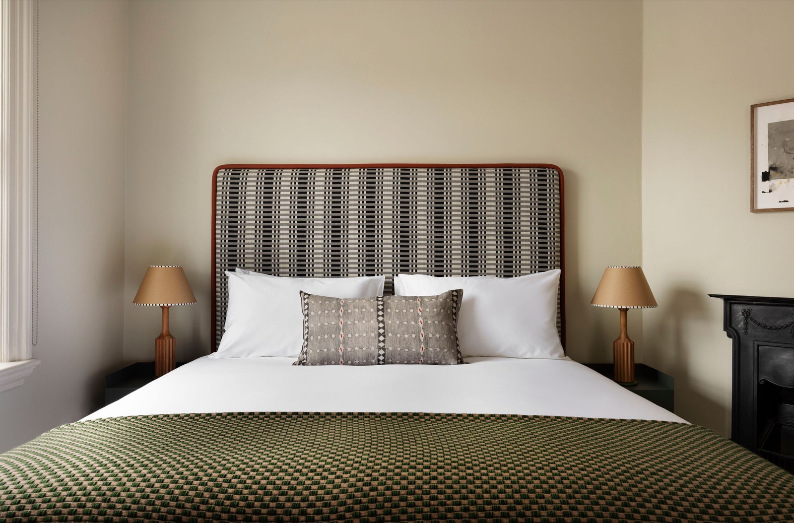 Super-king bed with woven check headboard
