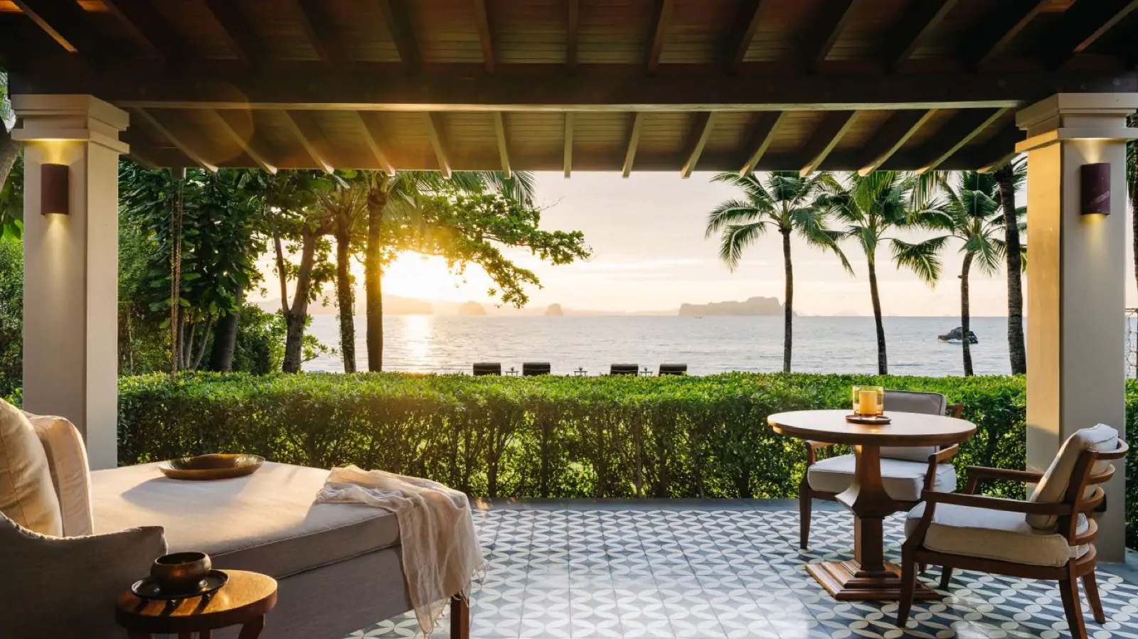 Terrace looking out to sea at sunset