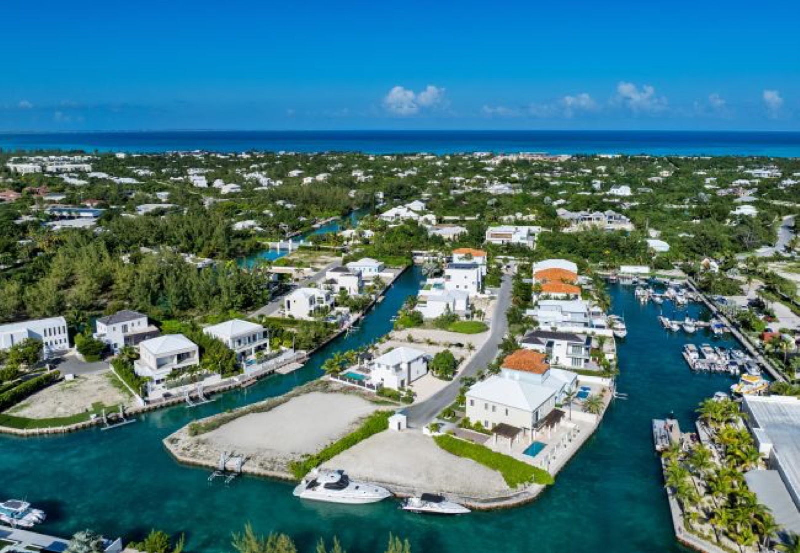 Canal-front houses and boat docks from above