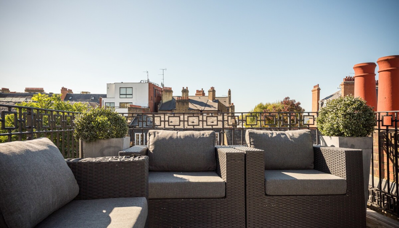 Terrace with clipped topiary and rooftop views