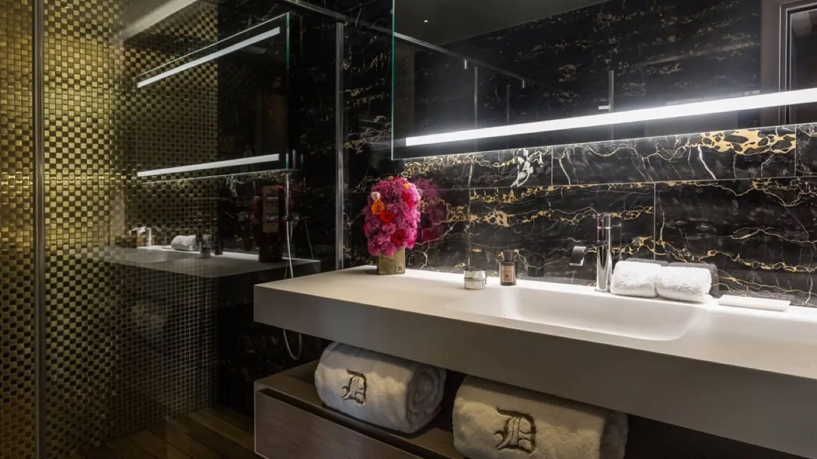 Bathroom in black and gold marble