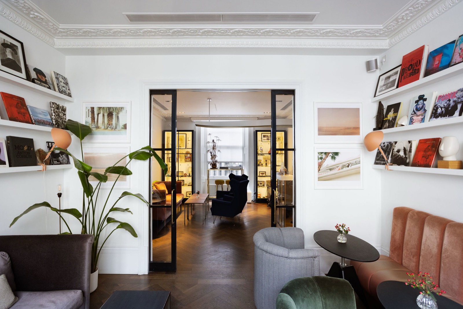 Residents' lounge lined with art books