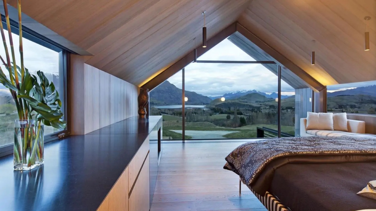 Bedroom under the gable, looking down the valley