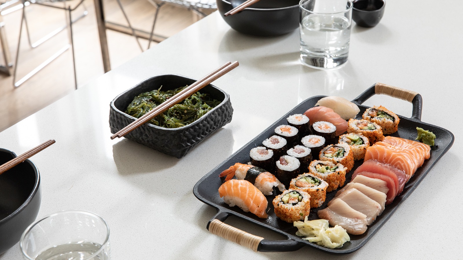 Sushi set out on the kitchen counter