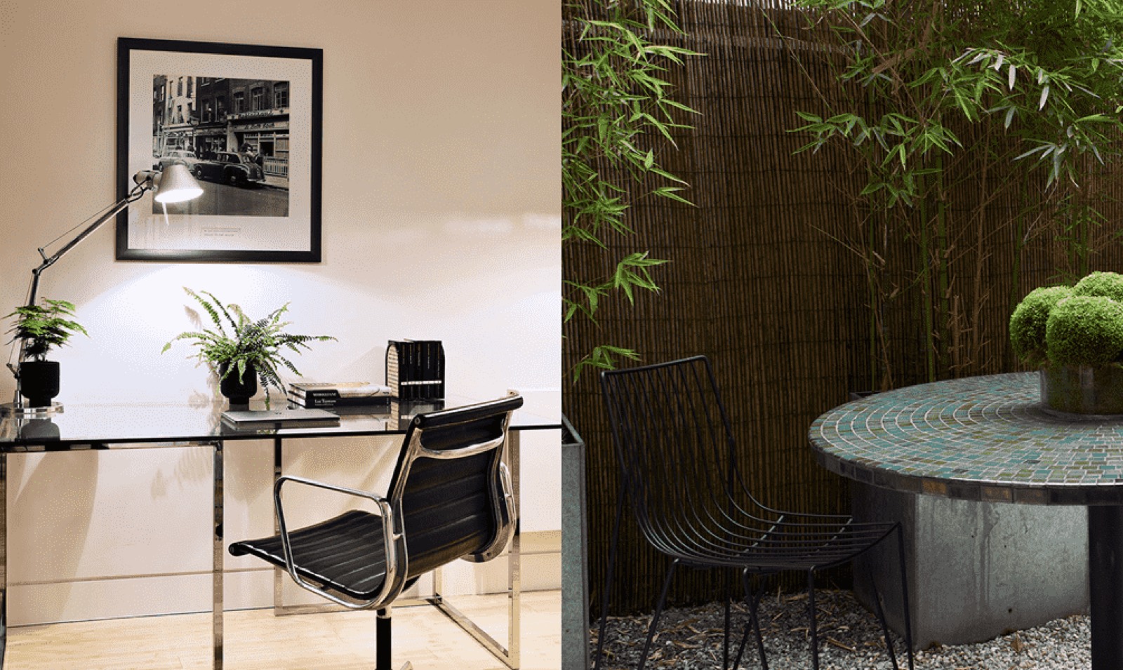 Glass writing desk and the bamboo-screened patio