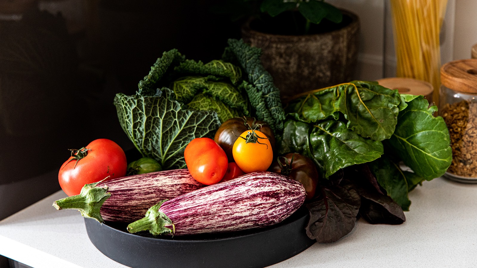 Vegetables laid out in the kitchen