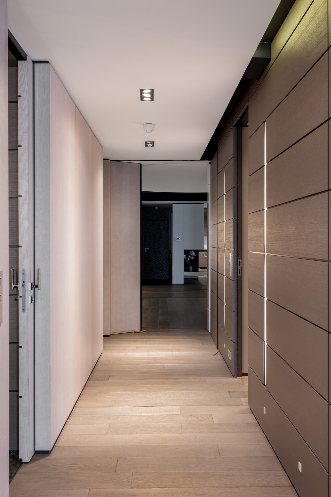 The entrance hall in panelled oak