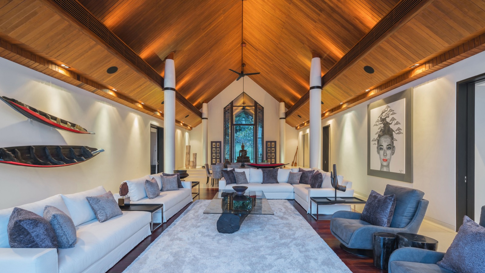 Living room under the vaulted timber ceiling