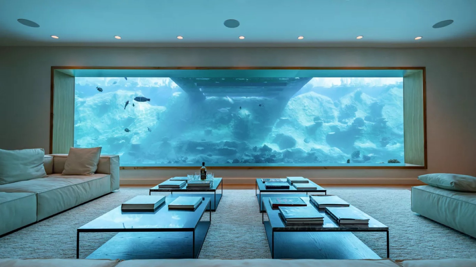 Living room facing the floor-to-ceiling aquarium