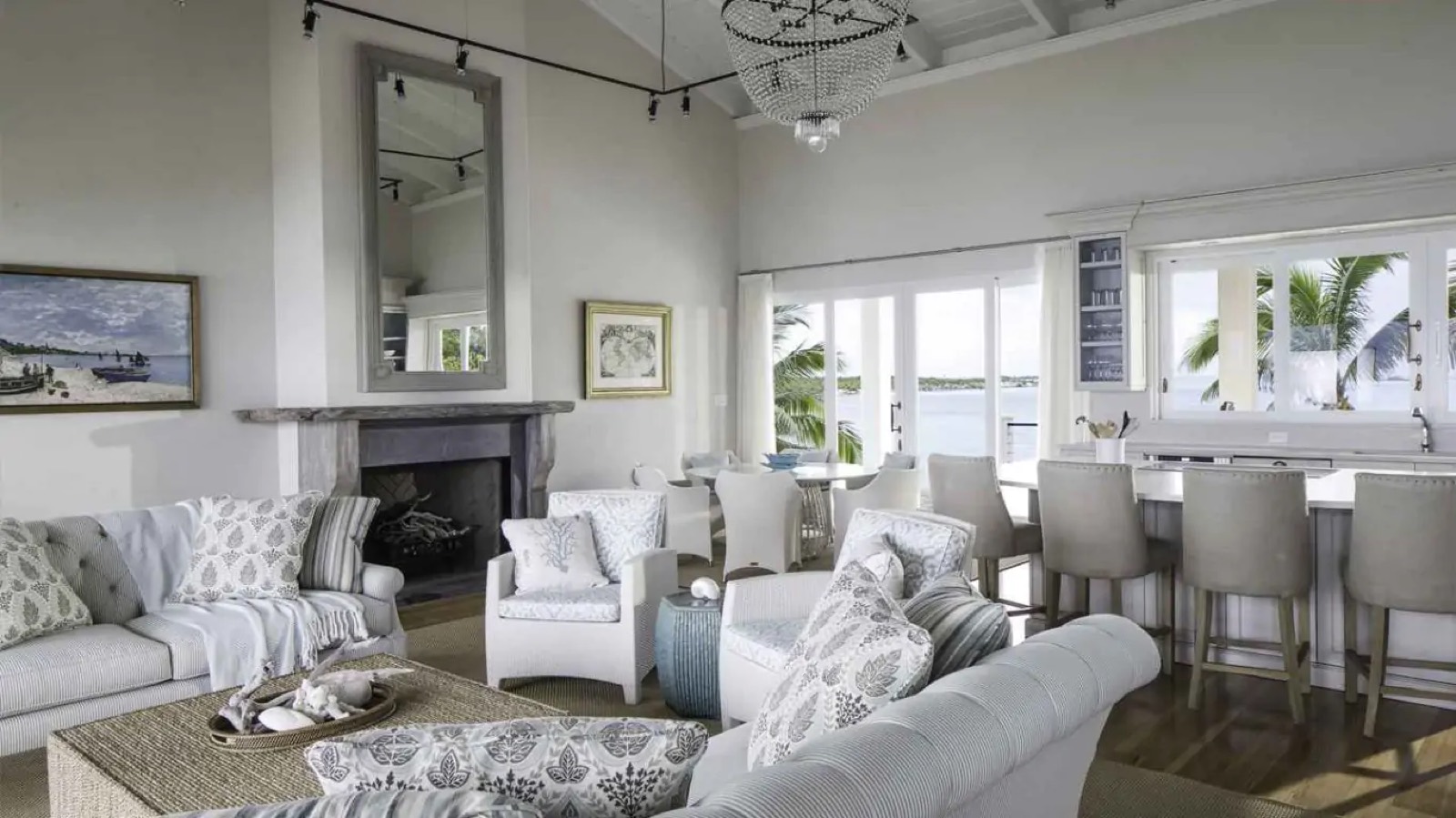 Living room with fireplace and breakfast bar