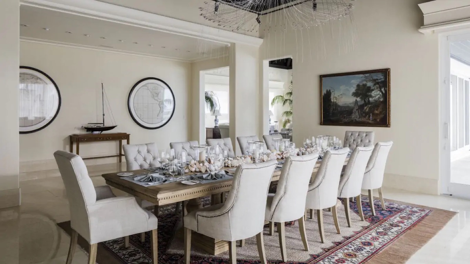 Formal dining room with a long table