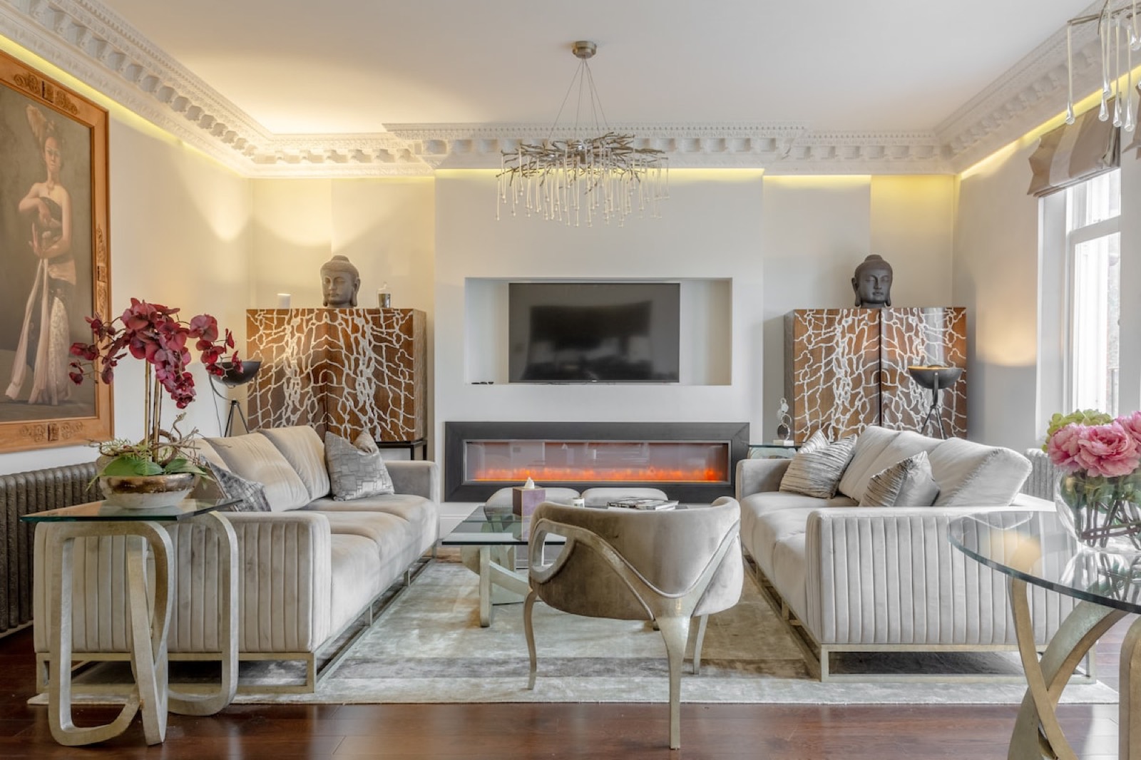Facing sofas either side of the long fire