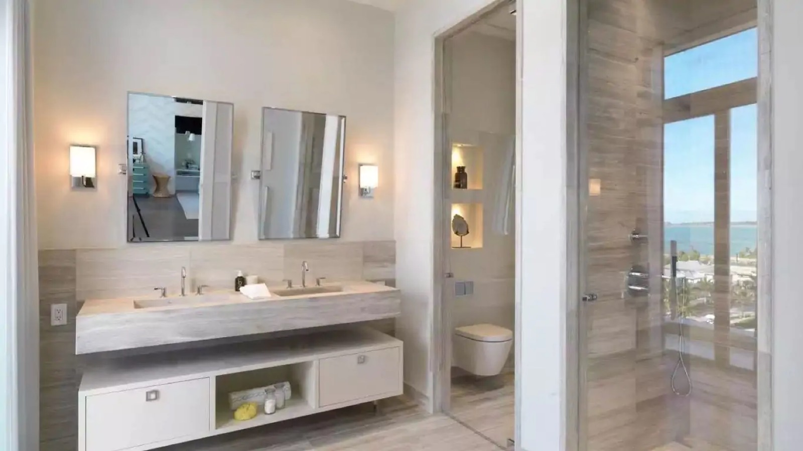 Bathroom with twin basins and walk-in shower