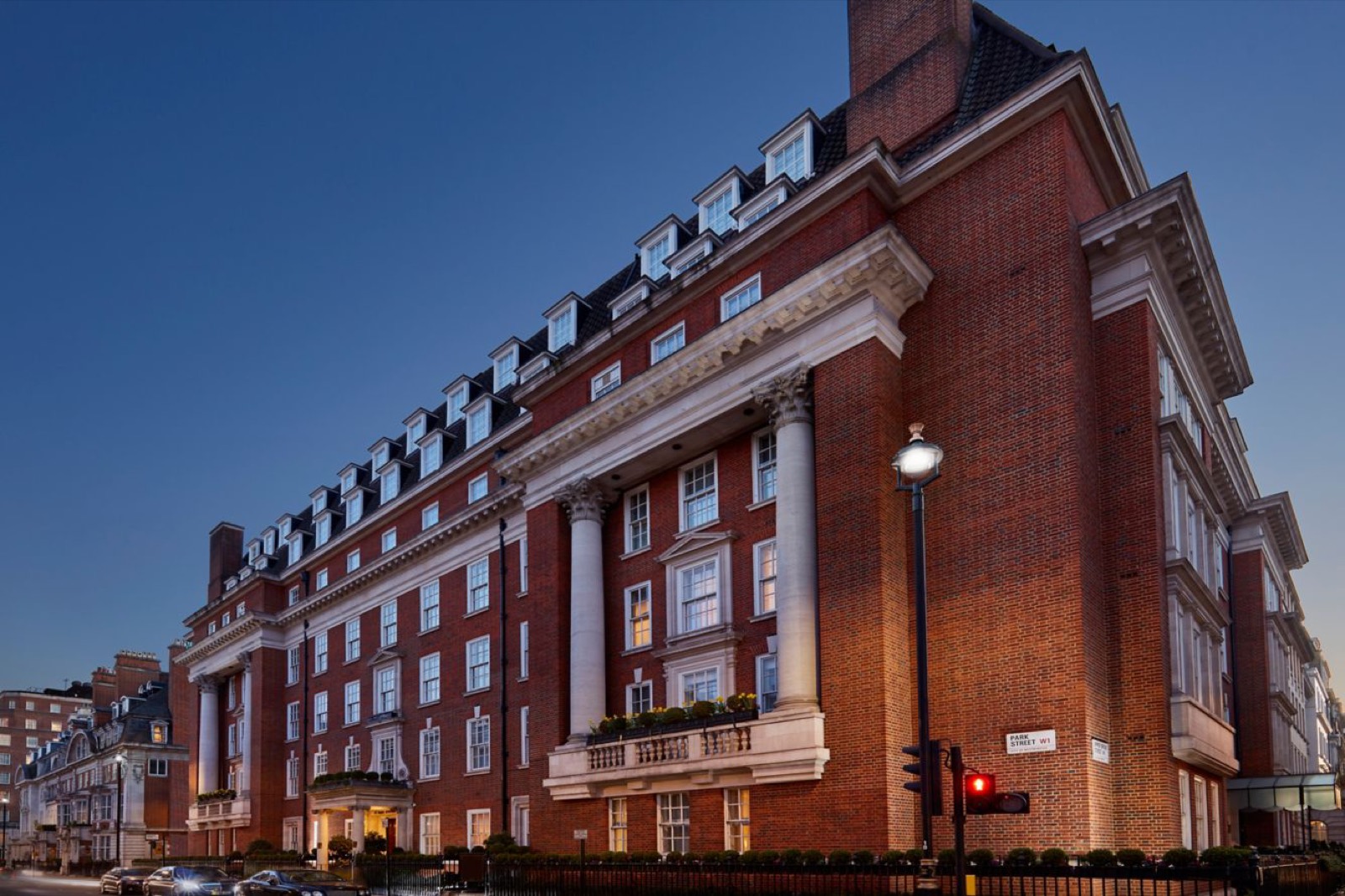 The building on Park Street at dusk