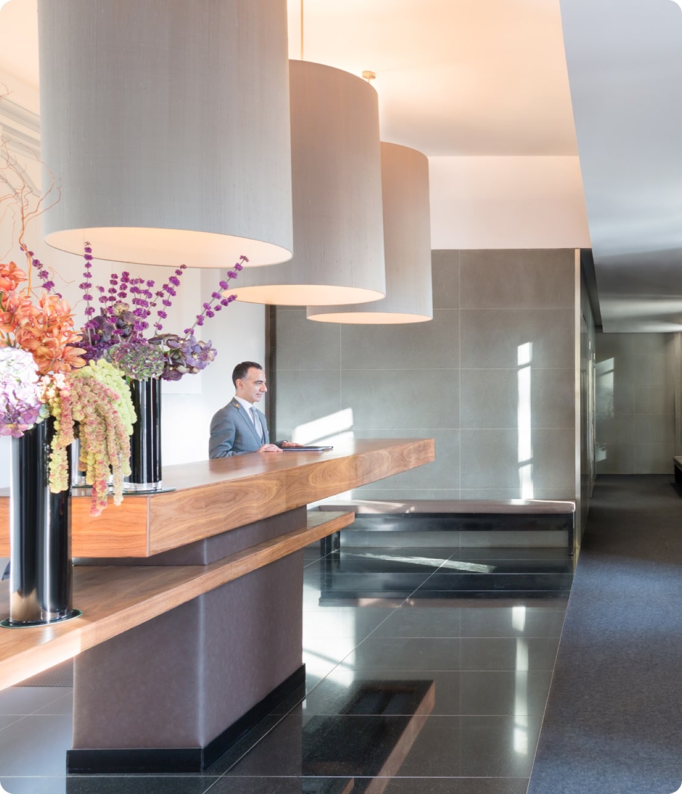 The reception desk in the lobby