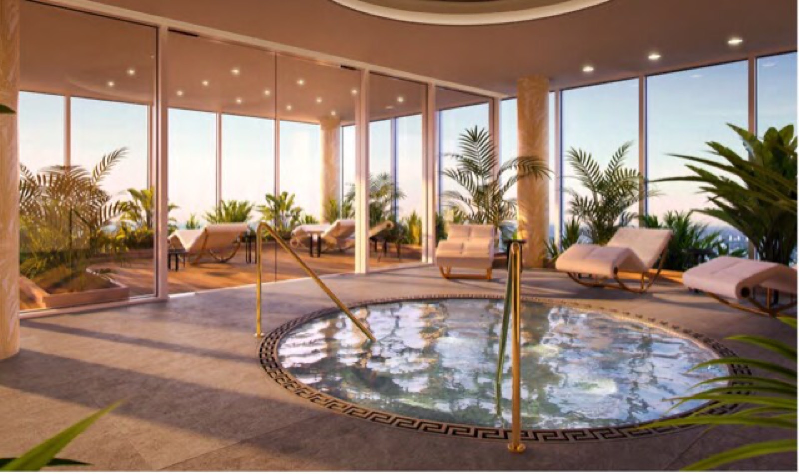 Residents' spa pool with Greek-key mosaic