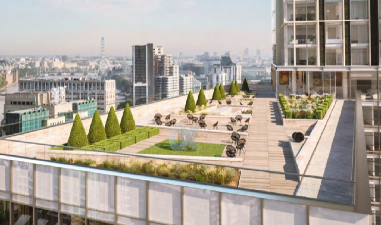 Residents' roof garden with clipped topiary
