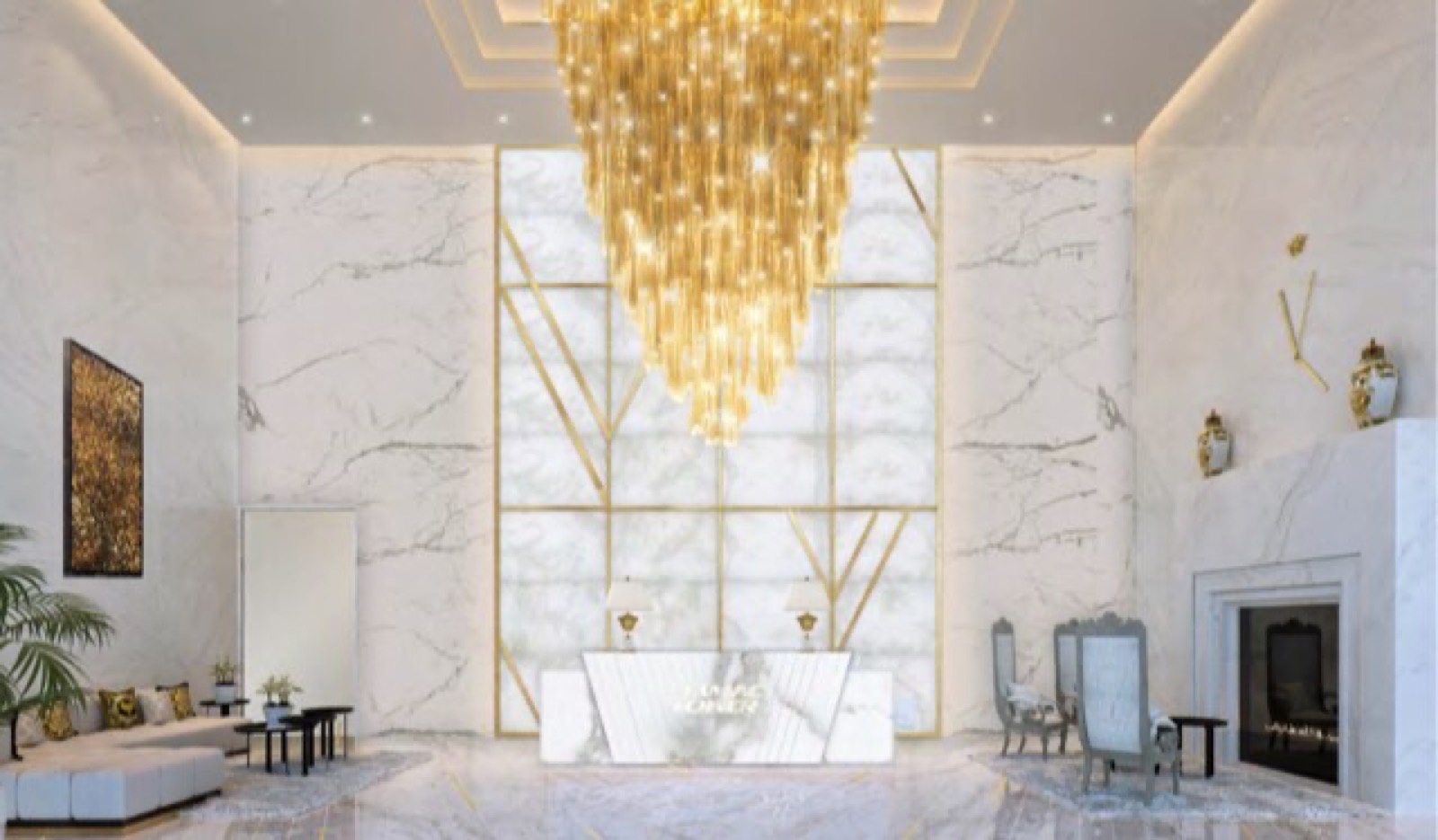 The entrance hall in white marble