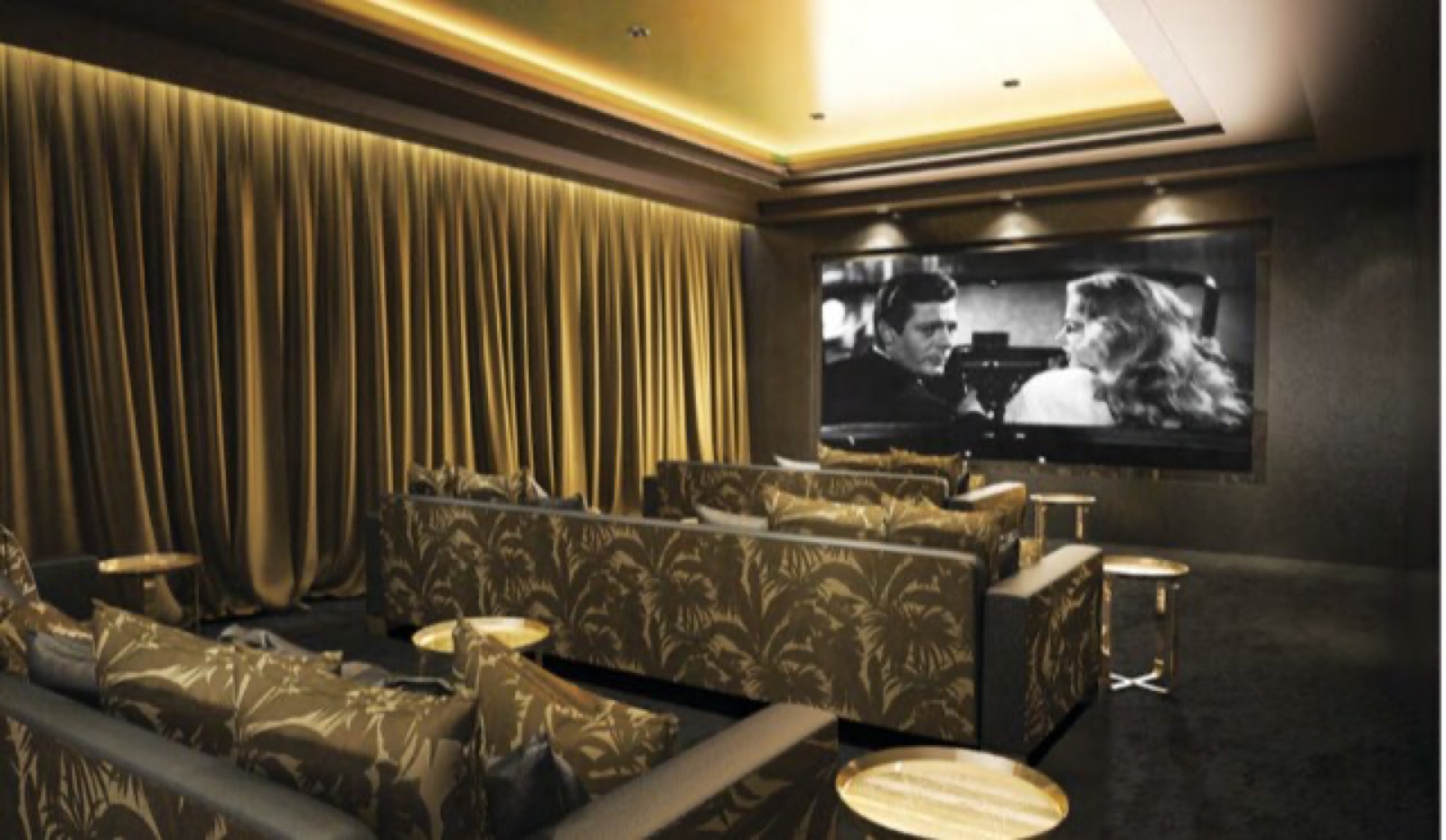 Residents' cinema with patterned sofas