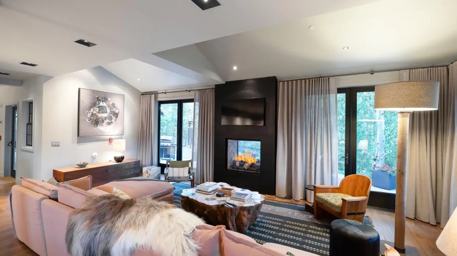 Family lounge with fireplace and terrace doors