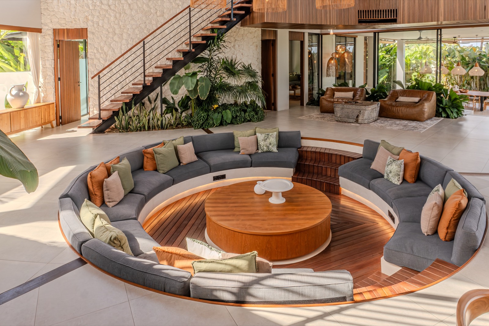 Circular seating around a round timber table