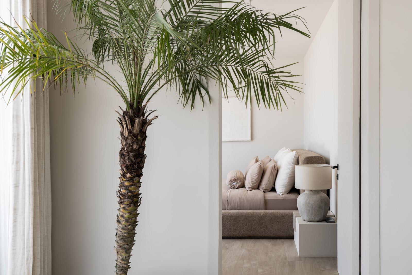Potted palm outside a bedroom door