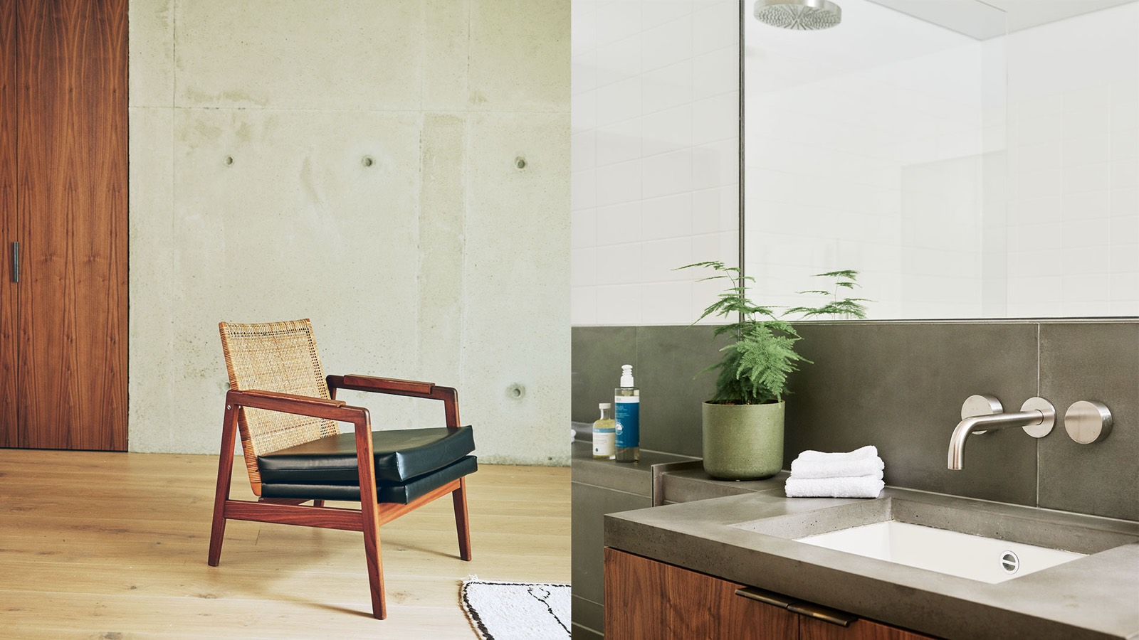 Cane armchair and the bathroom basin