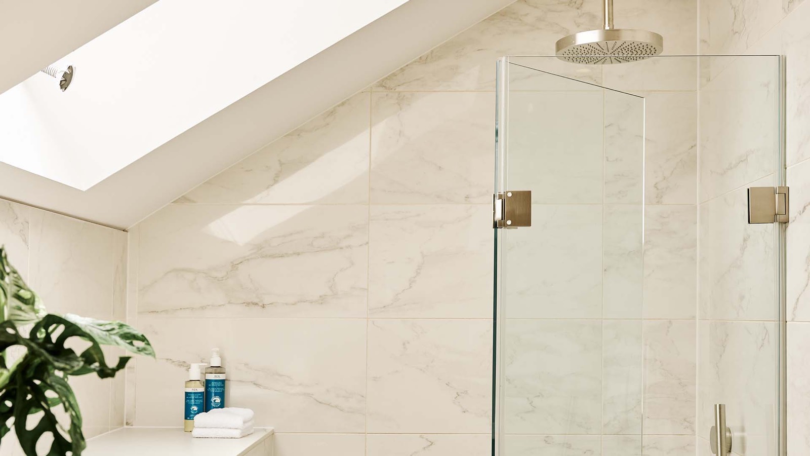 Walk-in shower with rainfall head