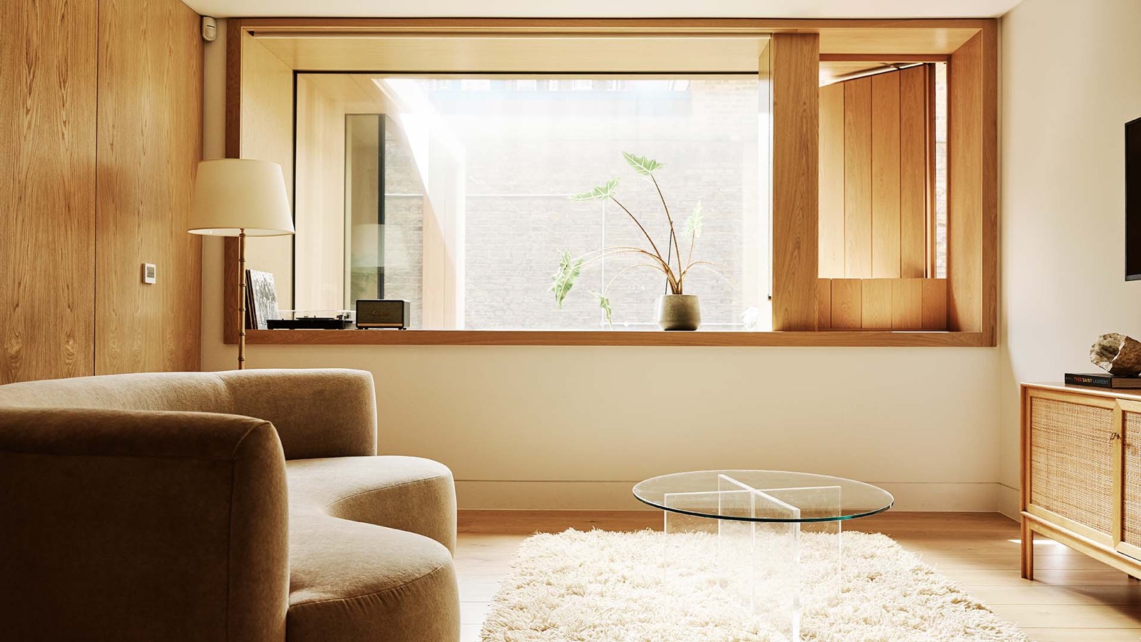 Living area with turntable on the ledge