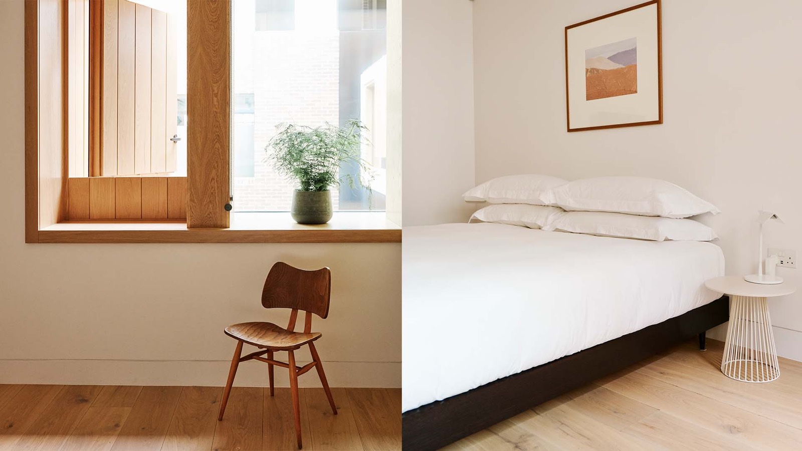 Wooden chair at the window, bedroom in white