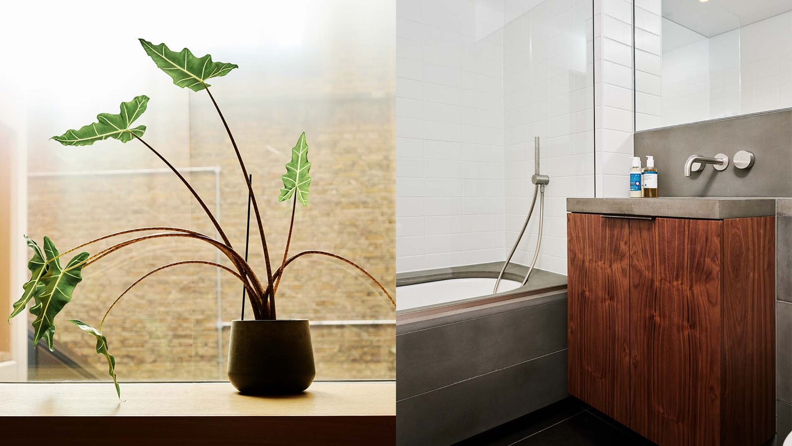 Bathroom with walnut vanity and deep bath